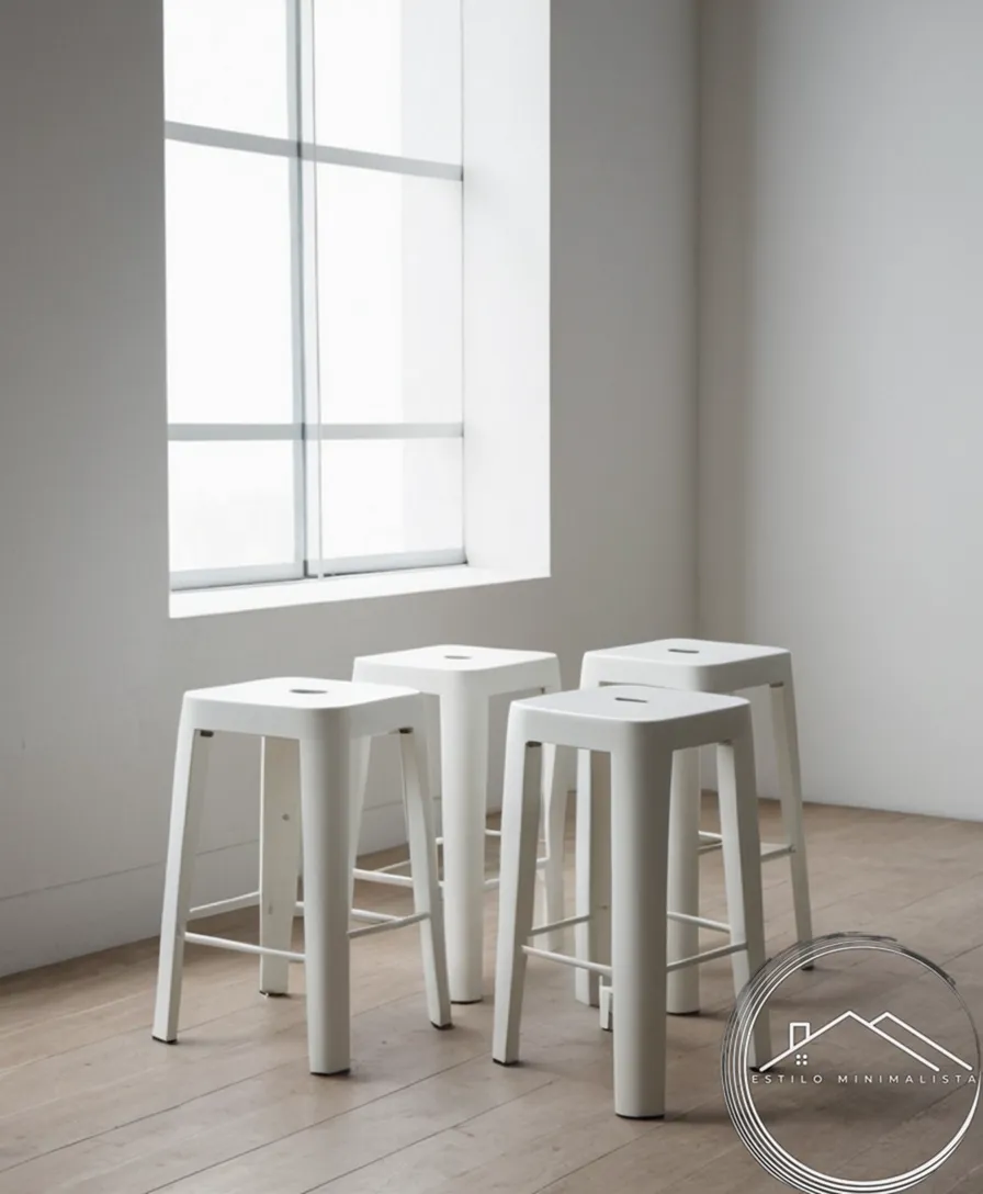 2-3 minimalist white stools stacked neatly together on a floor.