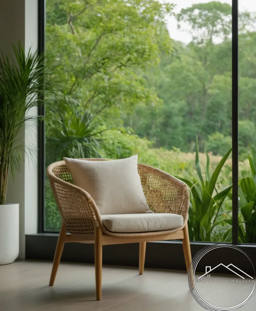 Minimalist chair with cushion, surrounded by calming greenery and soft ambient light.
