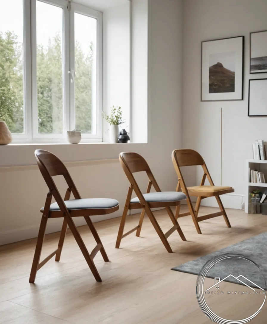 3 stylish, minimalist folding chairs on a Scandinavian-style living room floor.