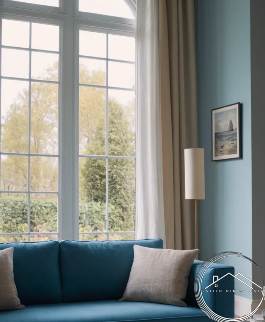 A minimalist blue sofa in a beautifully styled living room.