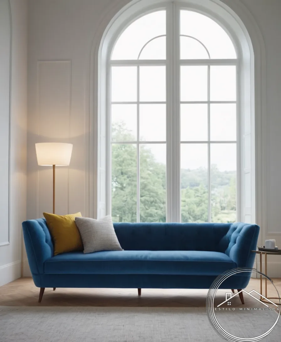 A minimalist blue sofa in an elegant living room setting.