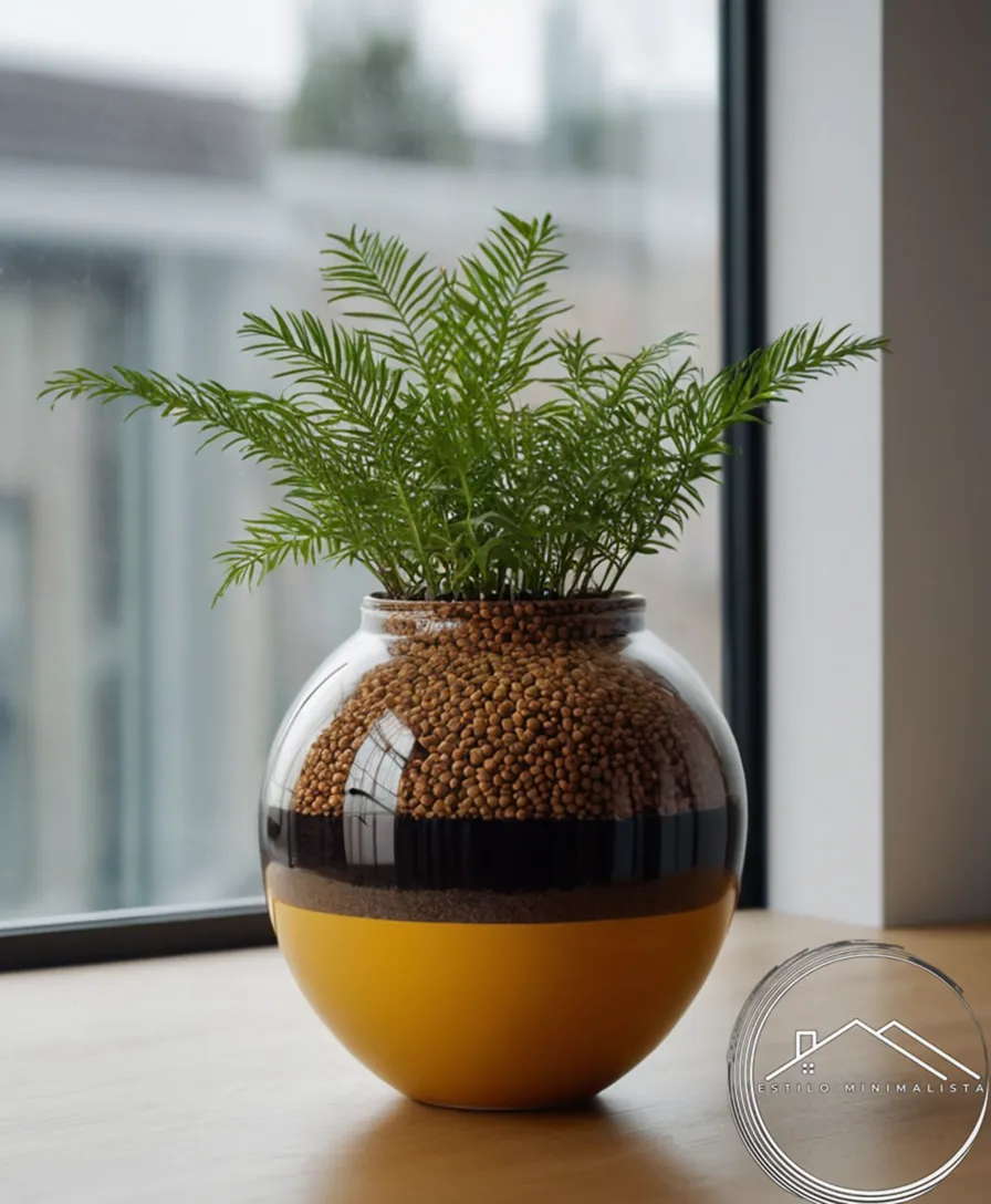 A minimalist vase with different types of plant soil displayed.