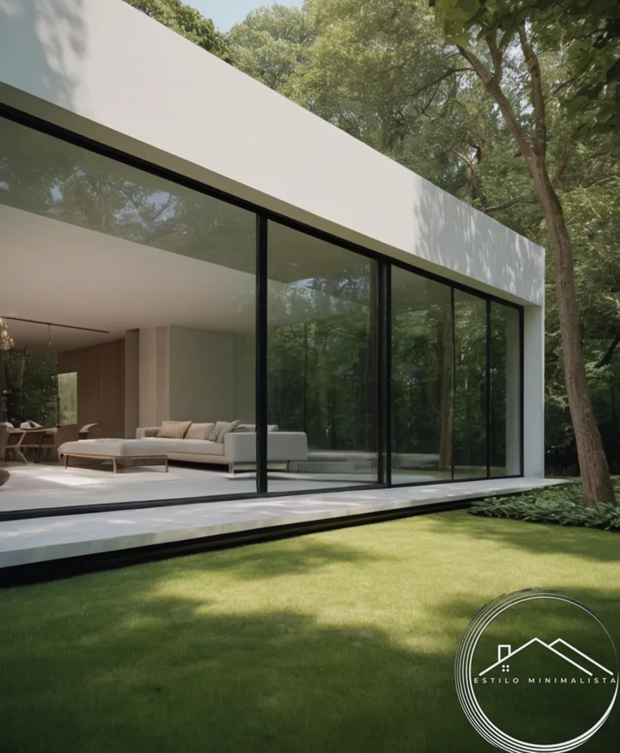 3 elegant, minimalist rooms with large glass walls and lush trees outside.