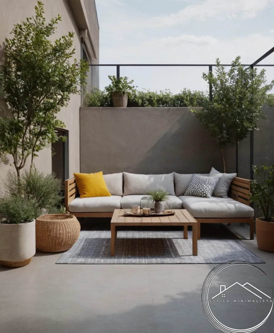 A minimalist-inspired urban patio with natural elements and simple decor.