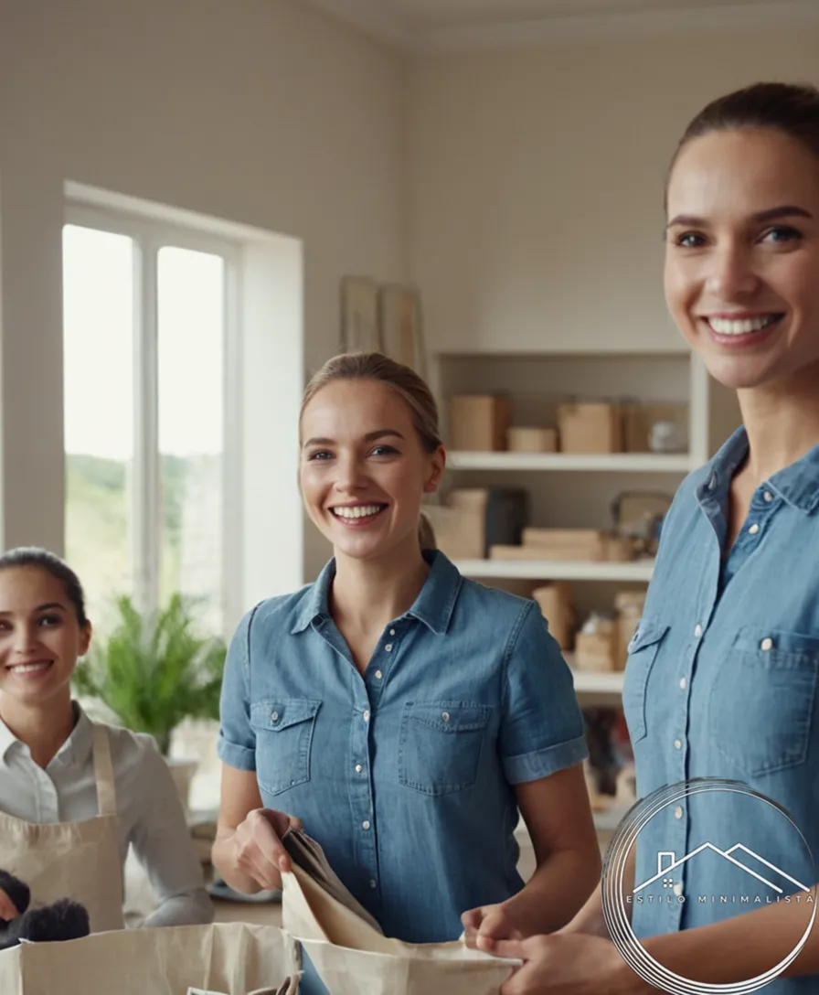 Happy individuals holding tidy and organized spaces, smiling.