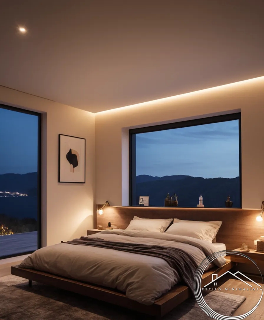 A low-ceiling bedroom with minimalist LED light strips and stylish decor.