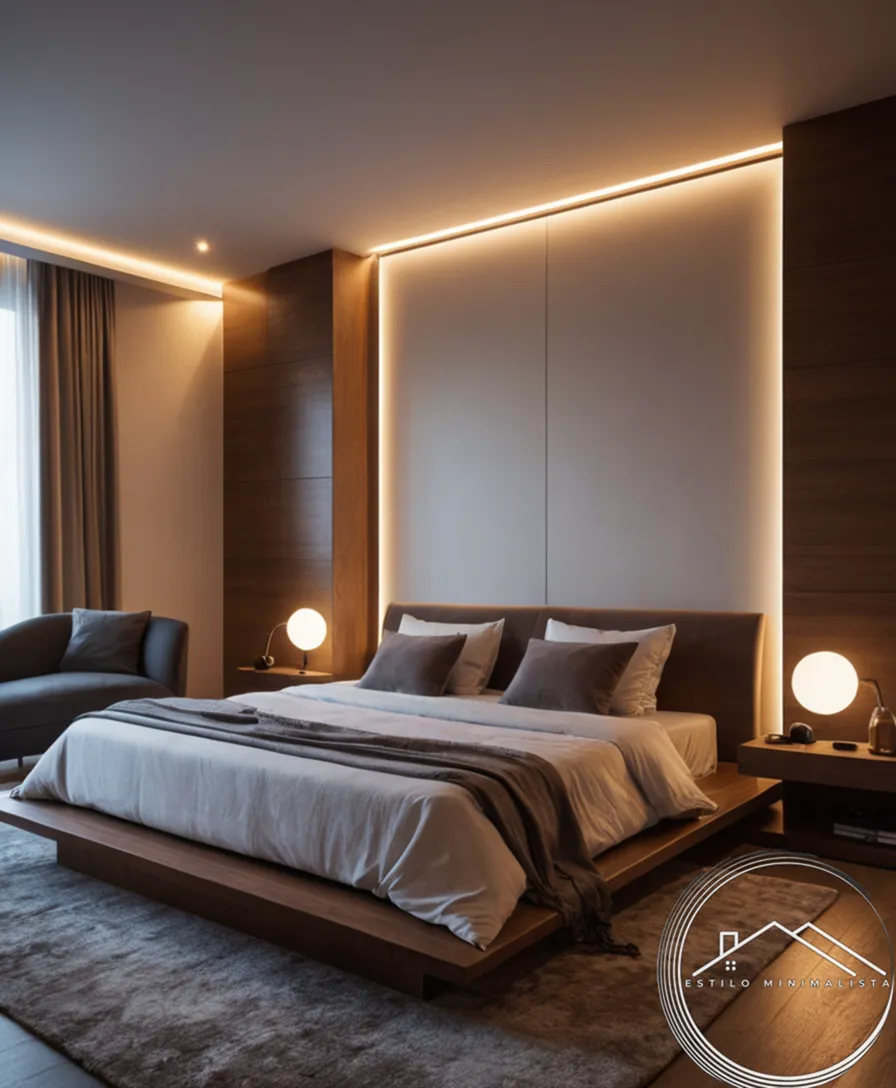 Tasteful placement of minimalist LED light strips in a bedroom.