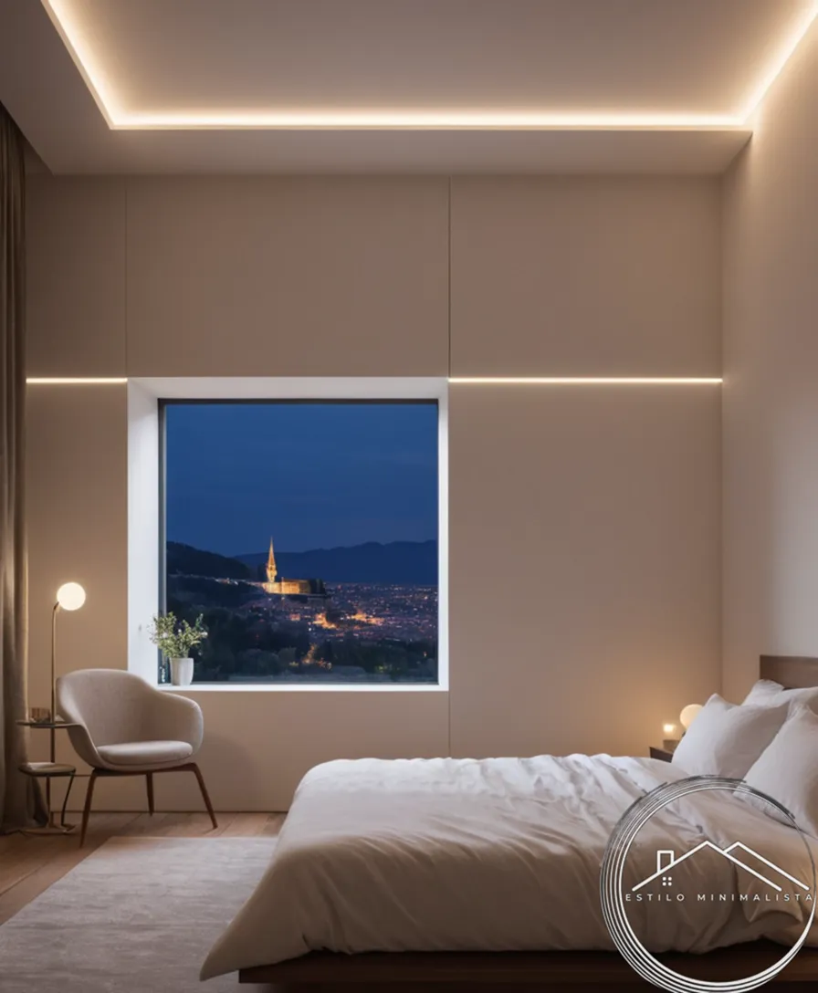 A minimalist bedroom with a single, slim LED strip.