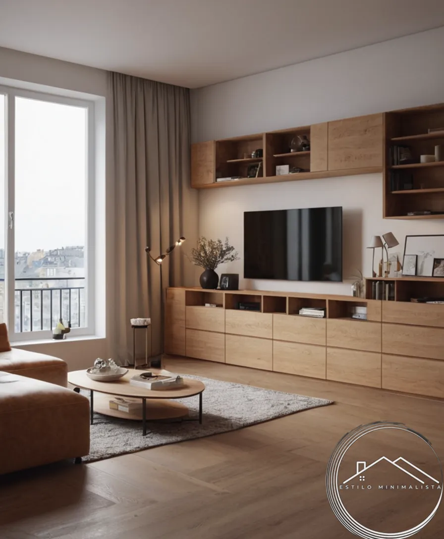 A minimalist storage system inside a small, renovated apartment.