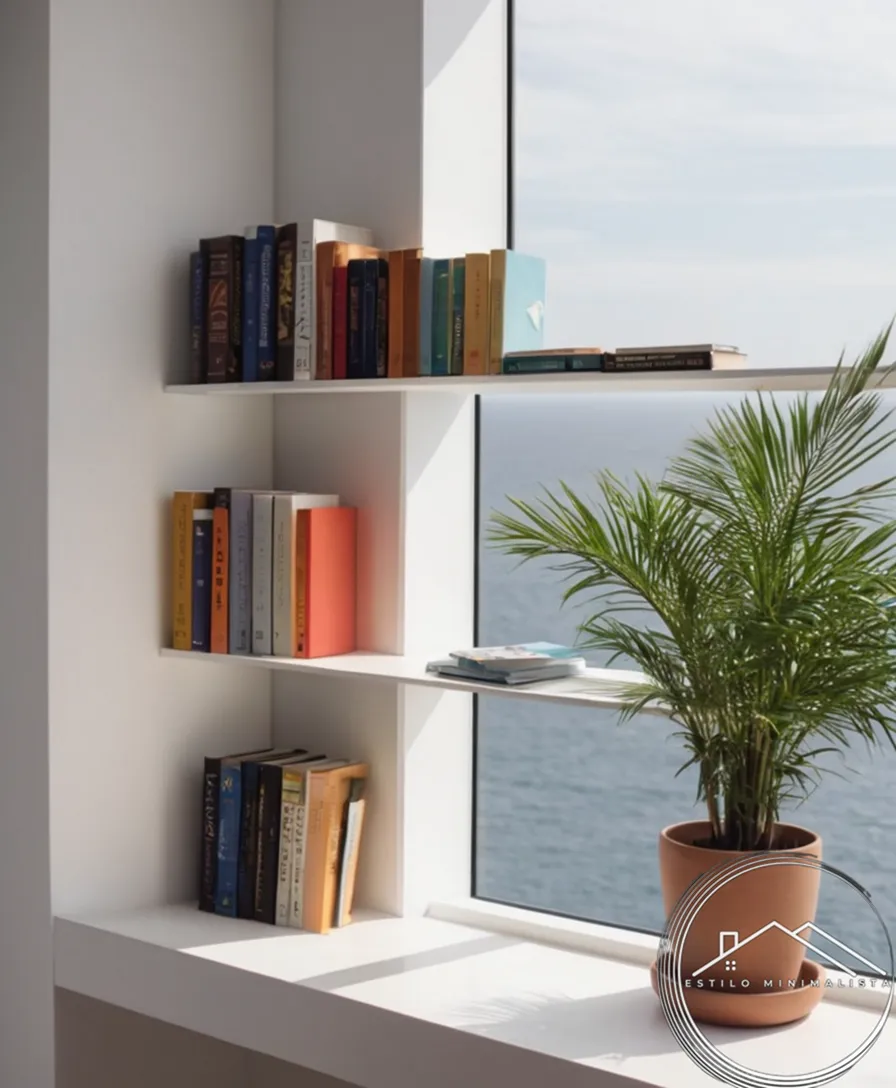 A minimalist bookshelf arrangement and a blank, airy background.